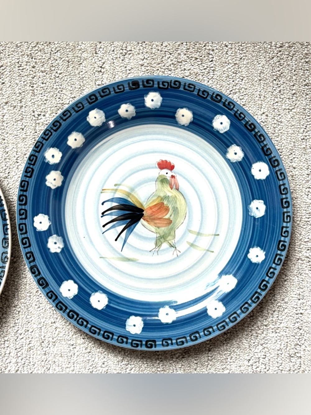 2 Rooster Chicken Dinner Plates Blue Hand Painted 10.5" Country Royal Norfolk